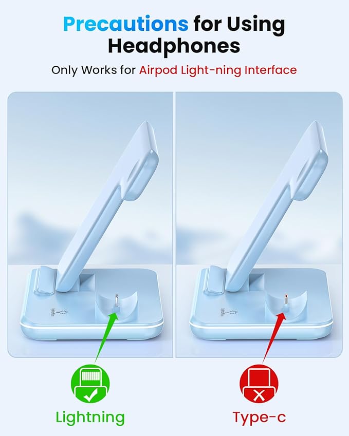 WAITIEE Wireless Charger 3 in 1 Charging Station for for iPhone 16 15 14 13 12 11 X 8 & for Apple Watch, for AirPods 1/2/3/Pro/Pro 2 with Lightning Charging Case(Blue)