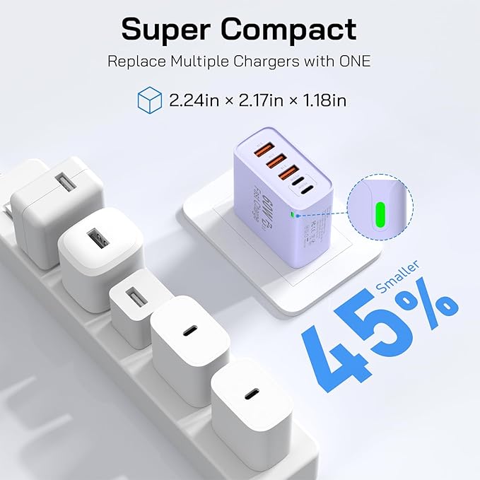 2Pack USB C Fast Charger Block, 60W 5-Port USB C Wall Charger 30W Type C Charging Block, 2USB C+3USB A PPS/PD 3.0 Multiport Charging Cube for iPhone 17 16 15 14 Pro Max,for Galaxy S25 S24 Ultra, i Pad