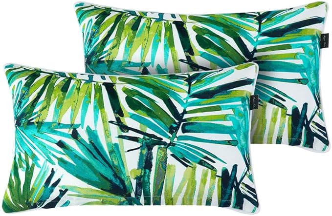 Magpie Fabrics Set of 2 Lumbar Throw Pillow with Insert 12x20 Inch, Outdoor Rectangular Waterproof Home Decorative Toss Cushion for Patio Garden Car Office - Green Palm Leaves