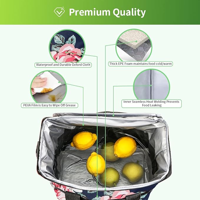 iknoe Large Cooler Bag Collapsible, 15L Insulated Bags, Leakproof Lunch Cooler Tote with Multi-Pockets for Adult, Insulated Lunch Box for Beach, Picnic,Work, Flower 24-Can