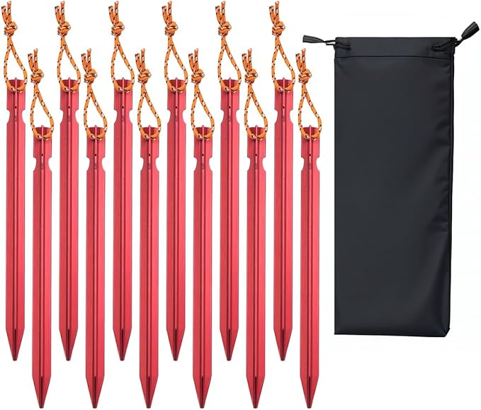 12 Pack Tent Stakes, 7-inch Ultralight Aluminum Ground Pegs with Reflective Pull Ropes, Tri-Beam Stake in a Carrying Bag, for Camping, Backpacking, Hiking, Hammocks and Canopy, Red