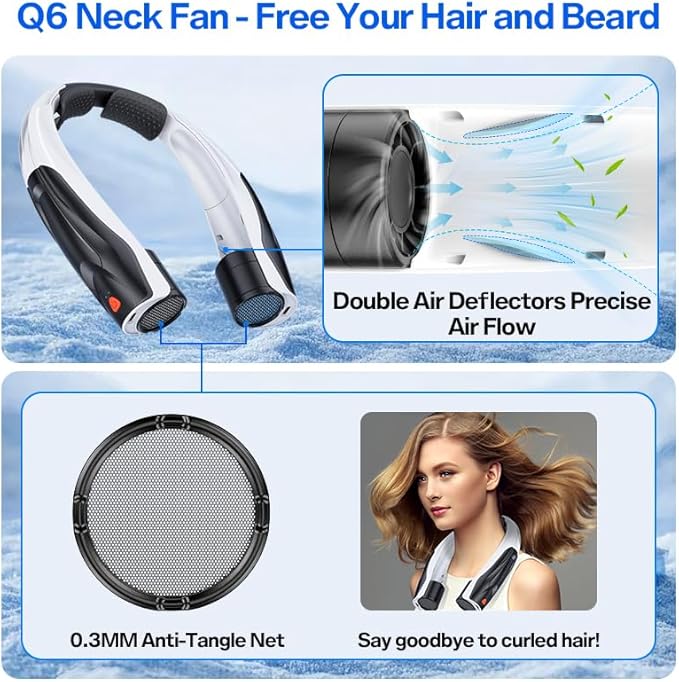 Portable Neck Fan Rechargeable: Free Hands Extra-long Battery Life 6000mAh Strong Air Volume Fast Cooling for Outdoor Enthusiasts - Travel Hiking Climbing (Black)