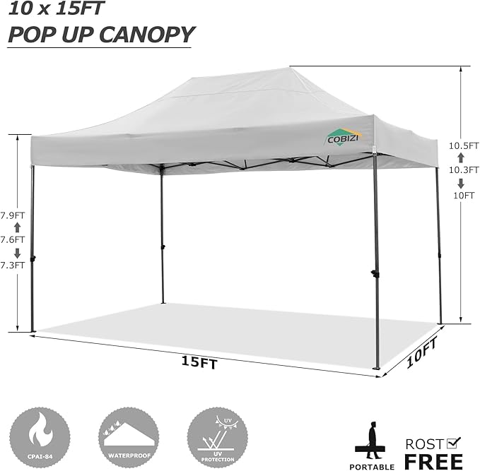 COBIZI 10x15 Pop Up Canopy with 4 Sidewall,Heavy Duty Canopy UPF 50+ All Season Wind Waterproof Commercial Outdoor Wedding Party Tents for Parties Gazebo with Carry Bag(10 x 15 ft White)