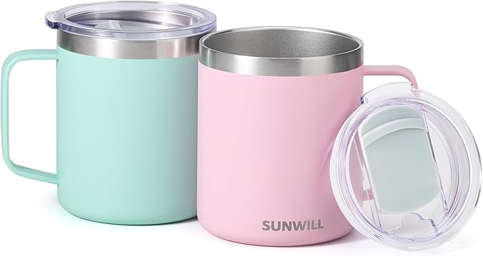 SUNWILL Travel Coffee Mug with Lid, Insulated Tumbler with Handle, 14 oz Stainless Steel Cup Set for Camping, Outdoor, Powder Coated Sakura & Mint 2 Pack