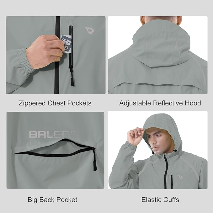 baleaf Men's Rain Jacket Waterproof Windbreaker Raincoat Running Cycling Hiking Gear Hood Lightweight Reflective Packable