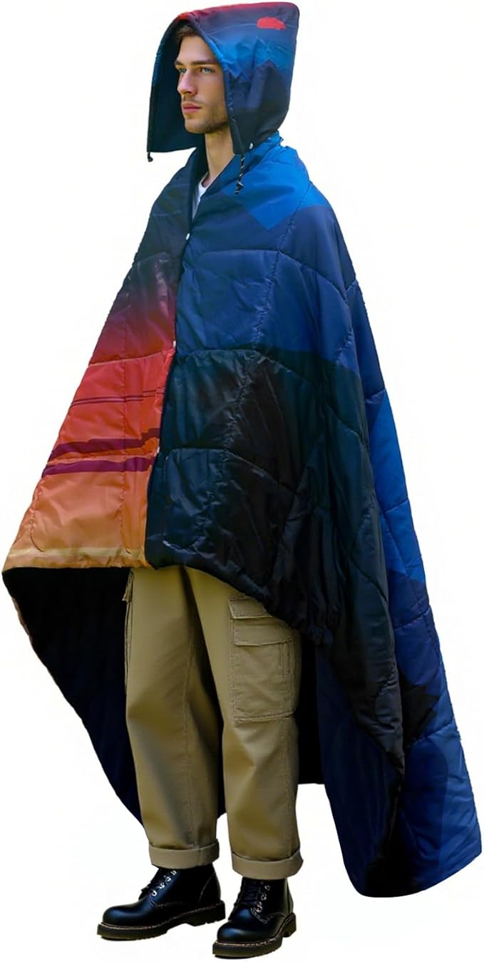 zzlamb Hooded Stadium Camping Blanket,Waterproof Outdoor Blanket Polar Fleece,Warm Windproof Portable for Stadium,Picnic,Sports,Beach,Car,Pets,56x75in Blue Mount Red Sun