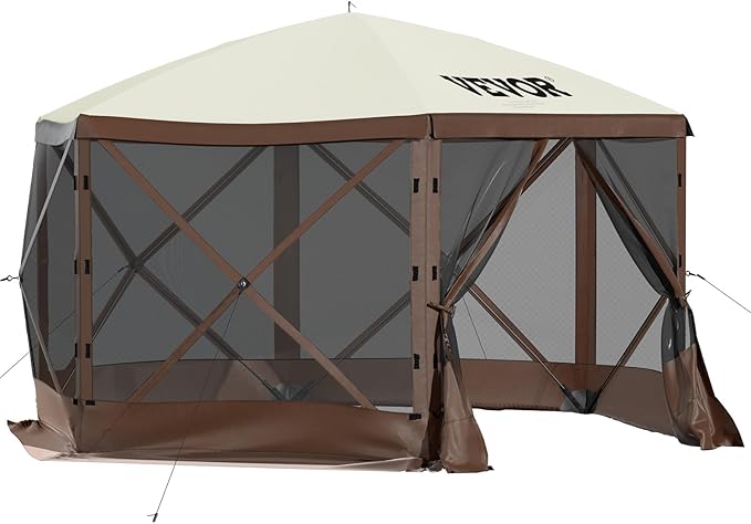 VEVOR Pop Up Gazebo Screen Tent, Pop-Up Instant Gazebo Tents with Mosquito Netting Outdoor Canopy, 6 Sided Sun Shelter 10x10ft with 6 Removable Wind Cloths & 2 Mesh Windows, Pavilion Tent for Patio