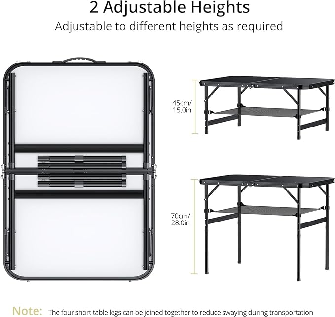 Folding Camping Table, 36" x 24" Portable Table Adjustable Height Max 28 inch Aluminum Folding Table with Storage Net, Lightweight, Portable Handle for Travel, Outdoor, Backyard (Black)