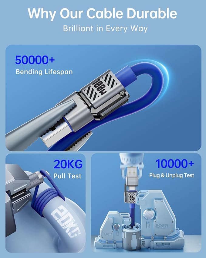 4 in 1 USB C Cable Lightning Cable,100W Fast Charging & Data Transfer,iPhone iPad Charger Cord with Lightning/Type C/USB A for iPhone 16/15/Macbook,IPad,5FT Blue [SHEZI Series]