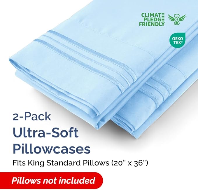 King Standard Pillow Cases Set of 2 - Soft Hotel Quality Pillowcase Covers - Comfy Bedding for Women, Men, Kids & Teens - Machine Washable Pillow Protectors - 2 Piece Set - King Standard Light Blue