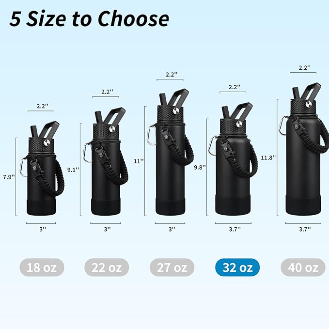 BJPKPK 32oz Insulated Water Bottles with 3 Lids, Paracord Handle & Non-slip Boot, Stainless Steel Metal Water Bottle,Reusable BPA Free Thermo, Tumblers, Black