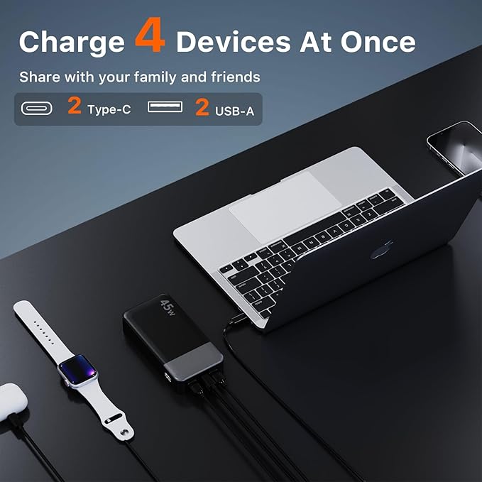J2621 Power Bank Portable Charger,20000mAh 45W PD3.0 QC 4.0 Fast Charging Battery Pack with LED Display,2 USB-C,2 USB-A for iPhone 15 16, MacBook
