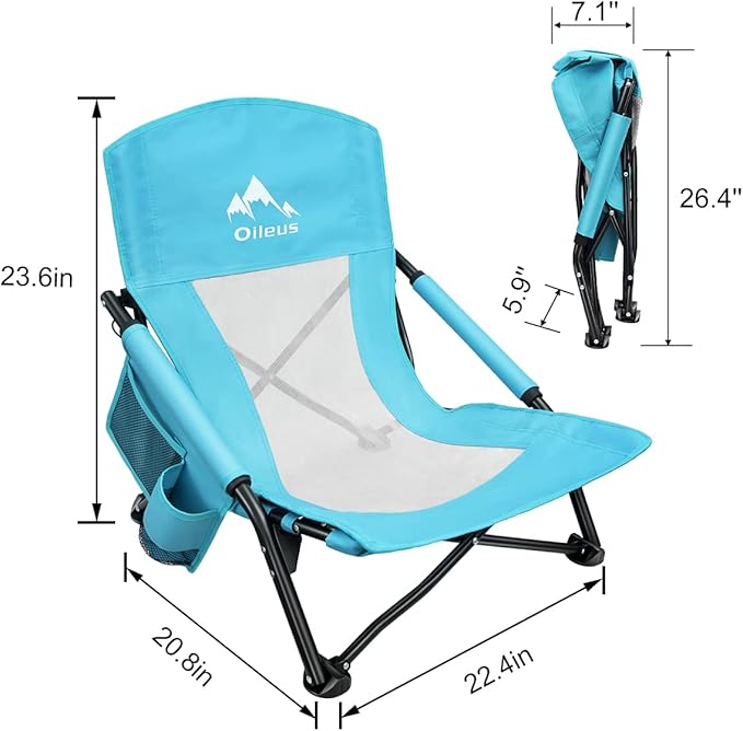 Oileus Low Beach Chair for Beach Tent/Shelter & Camping/Outdoor Ultralight Backpacking Folding Recliner Chairs with Cup Holder/Storage Bag, Carry Bag, Breeze Mesh Back, Compact Duty 1 Pcs Chair