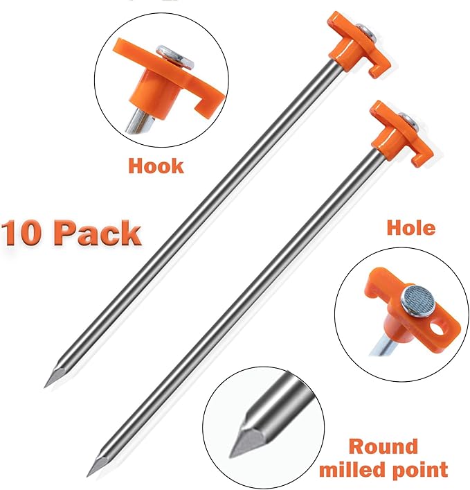 Cheardia 10 Pack Tent Stakes Heavy Duty, 9.75 Inch Yard Stakes Non-Rust Metal Tent Pegs Ground Stakes Tent Spikes for Camping Patio, Garden, Canopies, Grassland, Outdoor,Orange