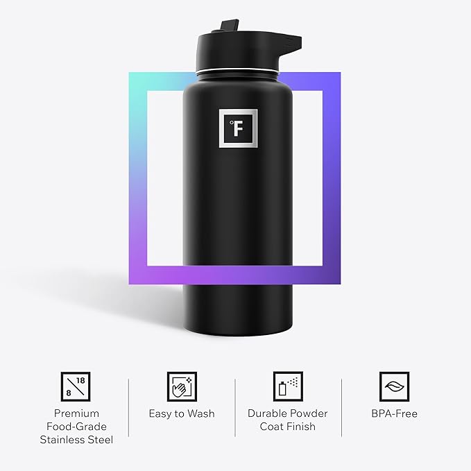 IRON °FLASK Camping & Hiking Hydration Flask with 3 Lids - Stainless Steel, Double Walled & Vacuum Insulated Water Bottle - Leak Proof & BPA Free 32 Oz