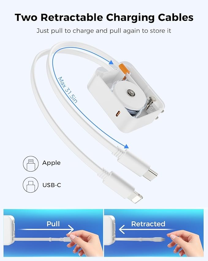SUPERONE Retractable Wall Charger with Dual Cables, 3-Port USB Charger Block, 35W Phone Charger Fast Charging for Phone 17/16/15/14/13/12/11 Series, Pad, Tablet, LG, Samsung and More - White