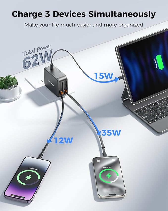 SUPERONE 62W Retractable Wall Charger with Dual Cables, 3-Port USB Charger Block, 35W iPhone Chargers Fast Charging for iPhone 17/16/15/14/13/12/11 Series, Pad, Tablet, LG, Samsung and More
