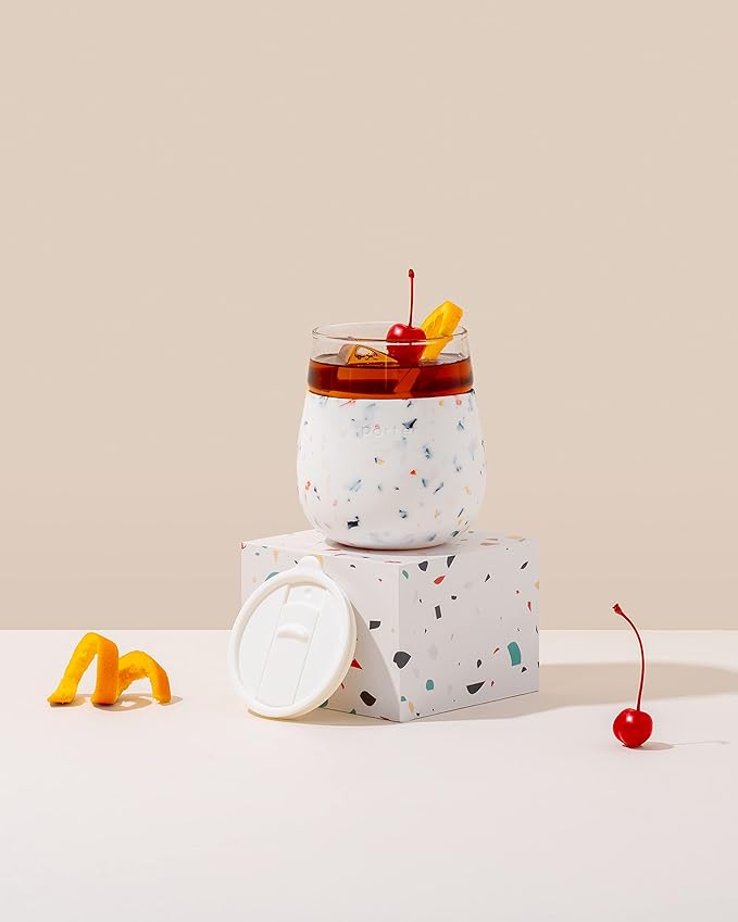 W&P Porter Wine Cocktail Glass w/Protective Silicone Sleeve Terrazzo Cream 15 Ounces On-the-Go Reusable Portable Dishwasher Safe