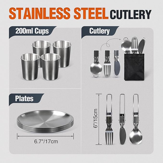 REDCAMP 6/10/11/12/14/15/19 PCS Camping Cookware Mess Kit Camping Gear Campfire Utensils Lightweight Stackable Pot Pan Bowls Soup Spoon with Storage Bag for Camping, Backpacking, Outdoor Cooking