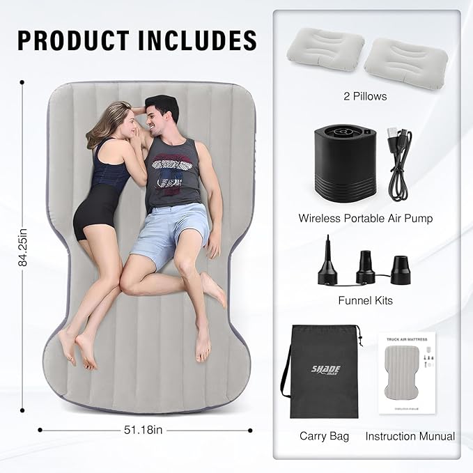 Self-Inflating Car Air Mattress for Tesla Model Y 2025 2024-2020/Model Y Juniper Outdoor Camping Air Bed with 2 Pillows Built-in Pump Air Couch Mat Flocking Air Cushion Model Y Accessories(Beige&Blue)