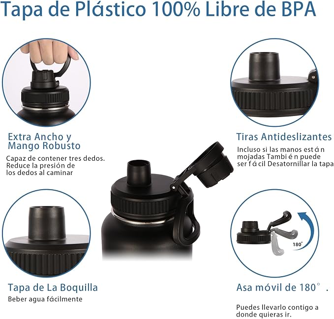 Volhoply Insulated Water Bottles Bulk 8 Pack, 40 oz Stainless Steel Sports Bottle with Paracord Handle & SpoutLid, Double Walled Metal Cups with Wide Mouth, Reusable Adult Water jug (Black,8 Set)