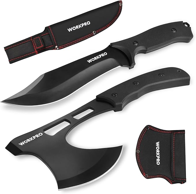 WORKPRO Hunting Knife and Hatchet Axe Combo Set - Full Tang Fixed Blade Tactical Knife and Camping Axe - Survival Knife and Camping Hatchet with Sheathes - Tactical Knife and Survival Axe for Men