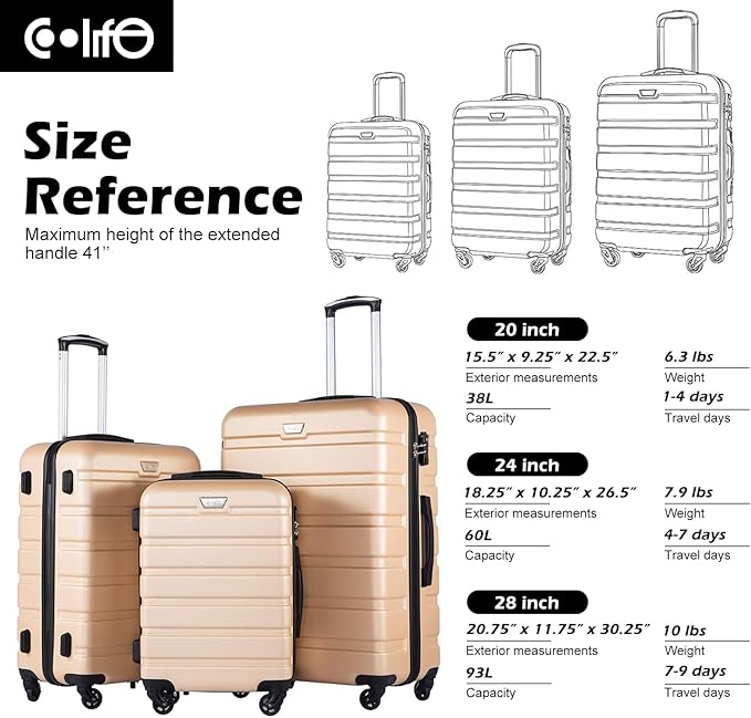 Coolife Luggage 3 Piece Set Suitcase Spinner Hardshell Lightweight TSA Lock (champagne new, 3 piece set(20in24in28in))