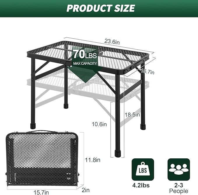 Folding Table, 2x1.3 FT Camping Table with Mesh Desktop,Folding Grill Table with Mesh Bag,Portable Outdoor for Picnic,Camping,BBQ,Beach(Black)