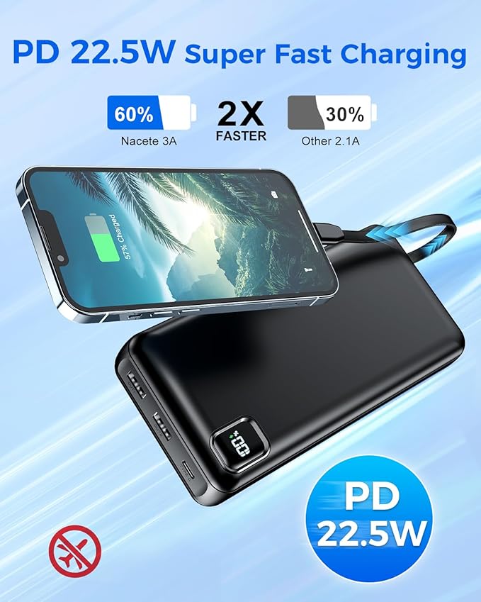 Portable Charger Power Bank 50000mAh Portable Phone Charger, PD 22.5W Fast Charging Powerbank Built in Cable, 5 Output 3 Input USB C LED Display for iPhone 16 15 14 13 Samsung Android iPad