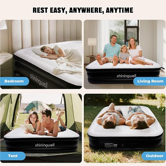Queen Air Mattress with Portable Air Pump (2000mA) and 2 Inflatable Pillows, 19" High Self-Inflation Inflatable Mattress, Comfortable Blow up Mattress, Air Bed for Camping, Home and Guest