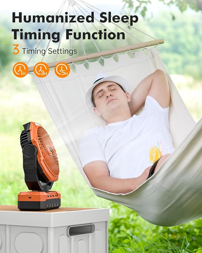 24000mAh Camping Fan - Detachable Rechargeable Battery Operated Fan with Light & Hook for Tent, Outdoor - USB Table Fan with 4 Speeds for Picnic, BBQ, Fishing, Travel, Hurricane
