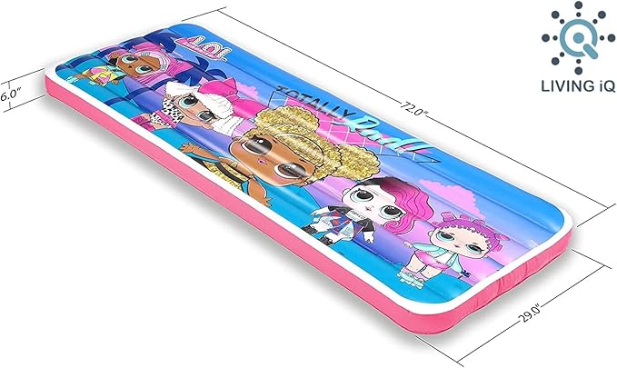 Living iQ Jr Twin-Size Kids Inflatable Air Bed, Blow-Up Mattress with L.O.L. Surprise! Theme, Waterproof & Puncture Resistant Vinyl, Lightweight & Portable for Travel, Hotel, Camp & Sleepover
