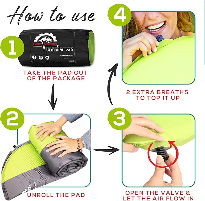 Gear Doctors Self Inflating Camping Sleeping Pad for Camping 4.3 R Insulated Camping mats-1.5 in Must Haves Inflatable Foam air Sleep mat Self Inflating air Mattress for Camping cot pad Tent Floors