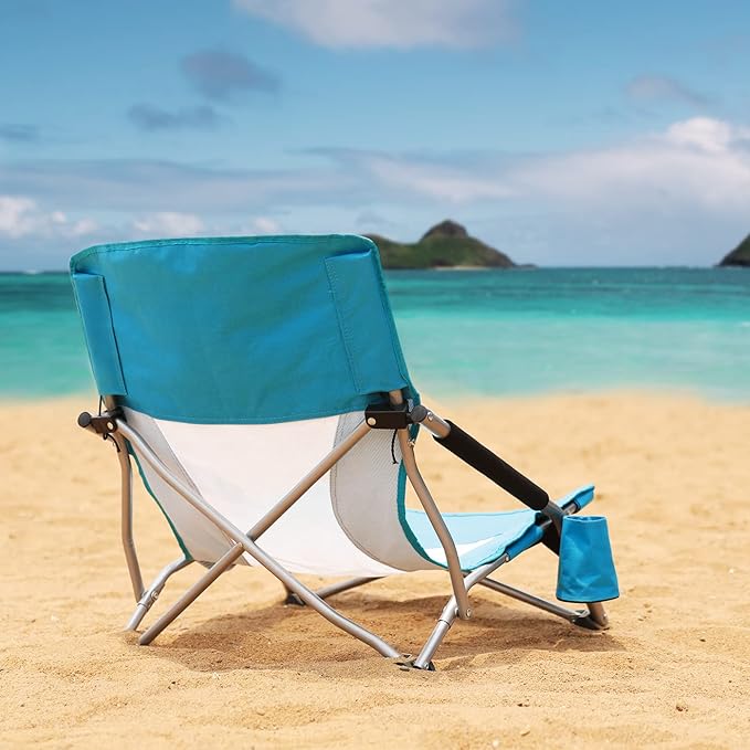HAUSHOF Low Beach Chair, Mesh Back Folding Chair, Lightweight Low Seat Camping Chairs with Cup Holder, Carry Bag, Padded Armrest, for Outdoor Beach Lawn Camping Picnic Festival