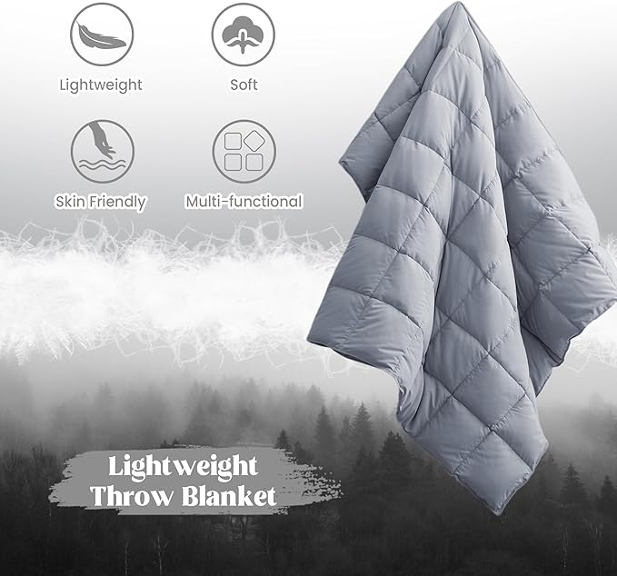 puredown® Soft Feather Down Throw Blanket Lightweight Packable Couch Throw for Indoor and Outdoor Use, 50"X70", Sliver Gray