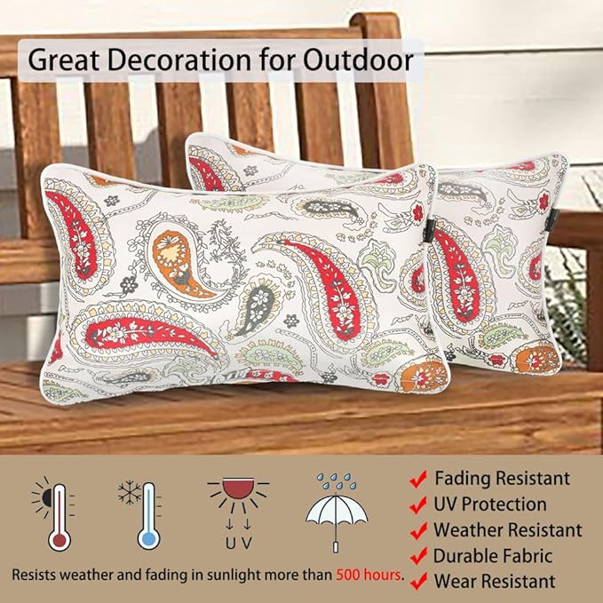 Magpie Fabrics Pack of 2 Outdoor Lumbar Pillow Case Covers 12"x20", Waterproof Rectangular Throw Pillowcase Shell Decorative Sham for Patio Garden Couch - Paisley Red Beige