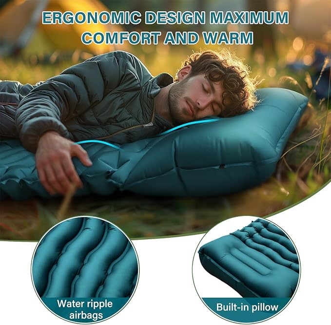 Camping Sleeping Pad, Ultralight Camping Mat with Pillow Built-in Foot Pump Inflatable Sleeping Pads Compact for Camping Backpacking Hiking Traveling - Dark Green.