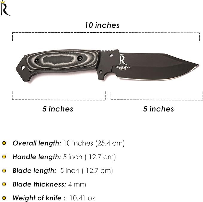 Fixed Blade Knife 10” Hunting Knife With Built-in Military Compass And Leather Sheath - G10 Handle Survival knives for Camping, Hiking, and Outdoor Use