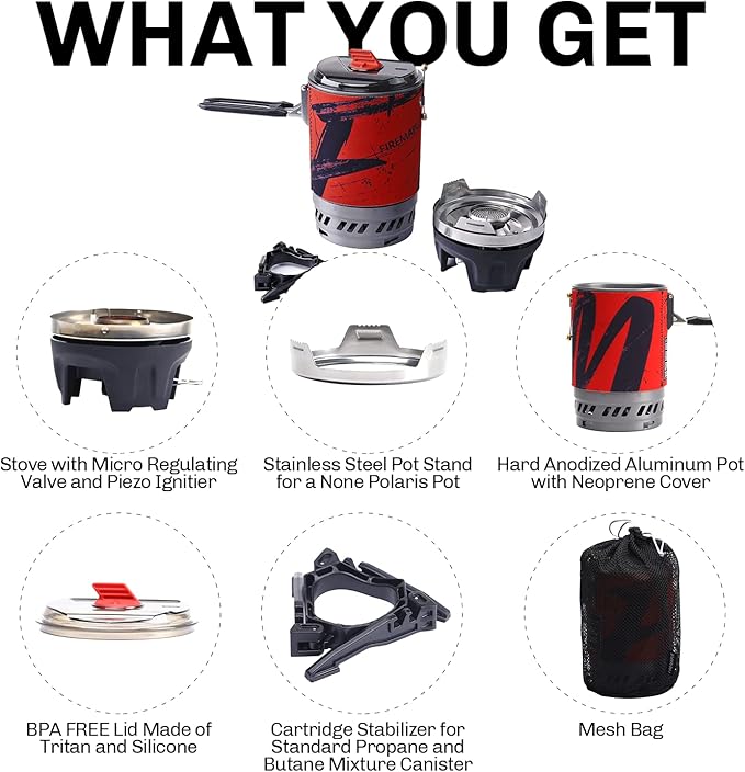 Fire Maple Polaris Cooking System | Portable Camping Backpacking Stove with Micro Regulated Valve | Electric Jet Burner Pot Set | Ideal Camp Water Boiler for Hiking Fishing Trekking Hunting (Black)