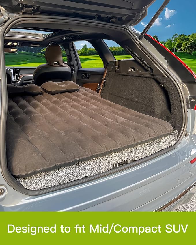 SUV Air Mattress with Cup & Phone Holder, Flocked-Top Inflatable Car Mattress with Two Air Pillows & Electric Air Pump, Ideal SUV Mattress for Camping, Travel, and Road Trips (Grey)