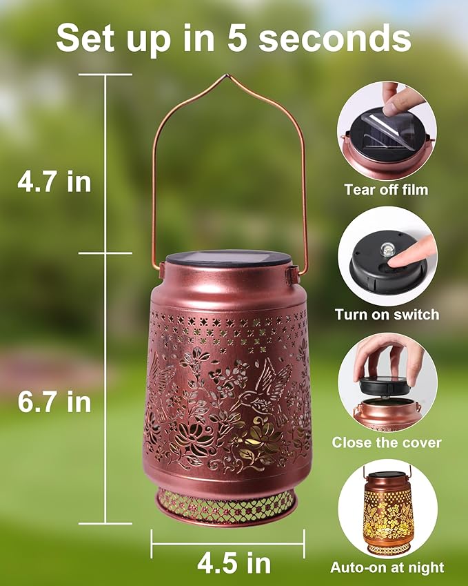 Hummingbird Solar Lanterns Outdoor Waterproof, Garden Decor Birthday Gifts for Women Mom Grandma Sister, Metal Hanging Solar Lights Outside Decorative for Yard Patio Backyard Christmas Decorations