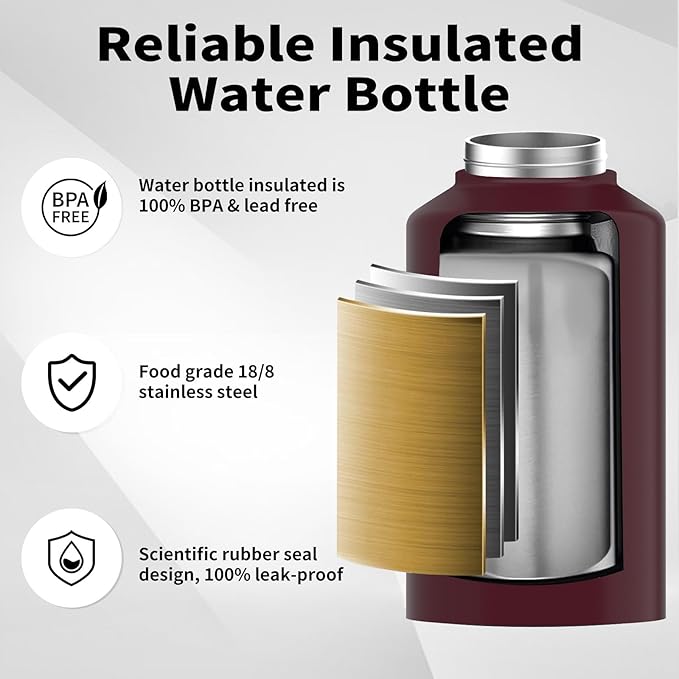 WATERSY 2/3 Gallon Water Bottle Insulated(Cold for 48 Hrs),BPA Free&Leak Proof,87oz Stainless Steel Water Jug/Flask,Big thermo,Large Water Bottle with Handle for Gym,Hiking,Camping,Brick Red