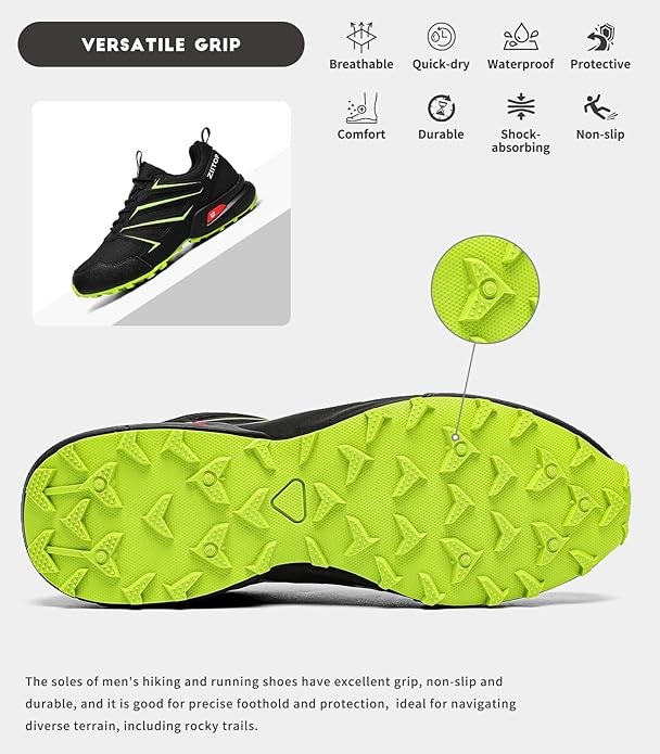 Mens Trail Running Shoes Waterproof Non-Slip Hiking Walking Sneakers for Outdoor Trailing Trekking Camping Quest Black