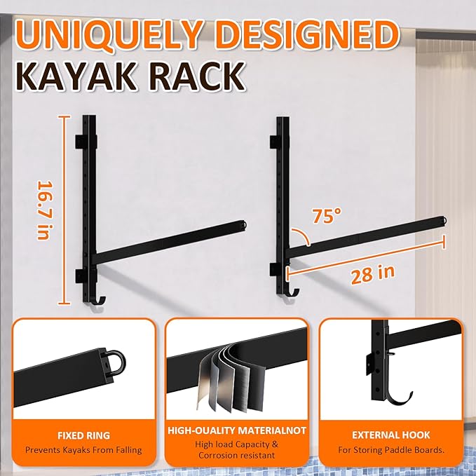 Kayak Storage Rack for Garage Wall Mount - Heavy L-Frame Holder with Anti-Slip Bungee & Complete Installation Kit, Supports 150LB (Fits Canoe/Paddle Board, Black) (2PACK)