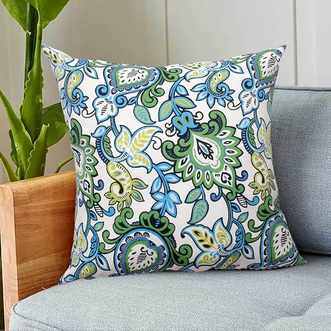 Magpie Fabrcis Pack of 2 Outdoor Waterproof Throw Pillow with Insert 18 x 18 Inch, Christmas Decorative Back Cushion Pad for Garden Patio Tent Balcony Couch Sofa(Floral Blue Green)