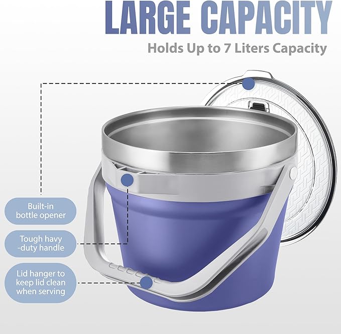 COKTIK 7L Vacuum Insulated Ice Bucket with Lid and Scoop& Tongs，Large capacity Stainless Steel Beverage Bucket for Cocktail, Champagne, Wine, Beer，Large Parties（Purple Suit）