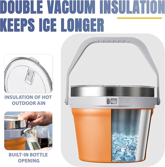 COKTIK 7L Vacuum Insulated Ice Bucket with Lid and Scoop& Tongs，Large capacity Stainless Steel Beverage Bucket for Cocktail, Champagne, Wine, Beer，Large Parties（Orange Suit）
