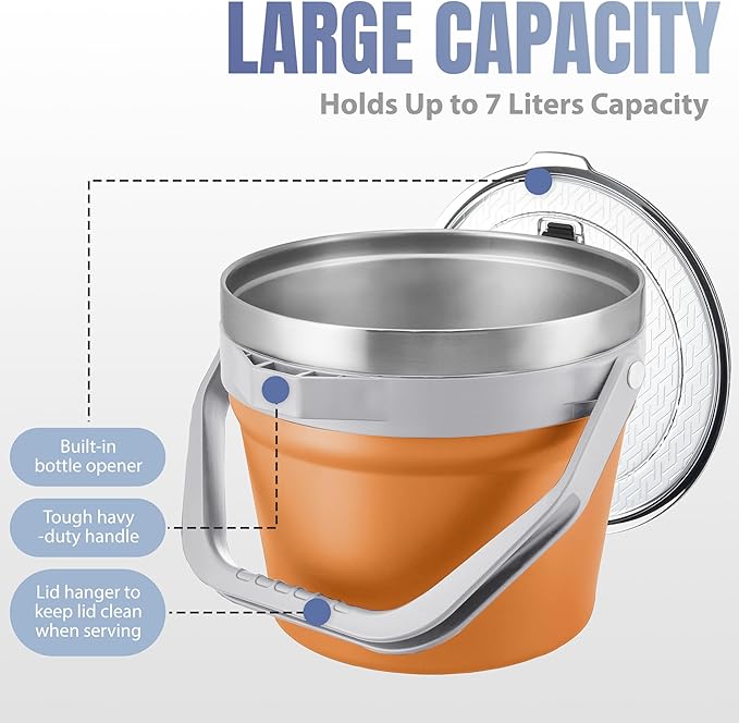 COKTIK 7L Vacuum Insulated Ice Bucket with Lid and Scoop& Tongs，Large capacity Stainless Steel Beverage Bucket for Cocktail, Champagne, Wine, Beer，Large Parties（Orange Suit）