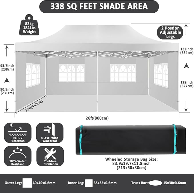 COBIZI 13x26 Pop Up Canopy with 6 Sidewall,Heavy Duty Canopy UPF 50+ All Season Wind Waterproof Commercial Outdoor Wedding Party Tents for Parties Canopy Gazebo with Roller Bag(13 x 26 ft White)