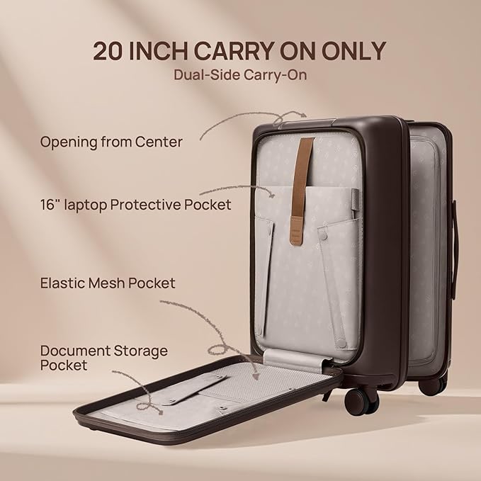 NINETYGO Carry On Luggage 22x14x9 Airline Approved, 20 Inch Suitcase with Front Compartment, Coffee-Infused PC Hard Shell, Eco-Friendly, Cup Holder, Clamshell, TSA Lock, Spinner Wheels (Flat White)